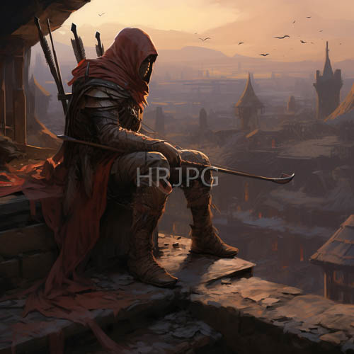 medieval cityscape at sunset with darkened figure and staff