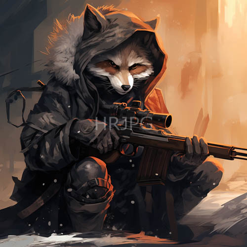 winter snowy forest sniper raccoon tactical aesthetic combining combat focus and survival gear