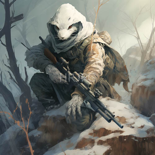 anthropomorphic wolf soldier infiltrates leafless snowy forest landscape with icy camouflage gear