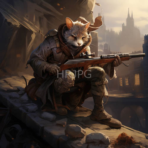 High Resolution: Anthropomorphic Mice in Tattered Gear Crouch Amidst Ruins of PostApocalyptic Cityscape download. | HRJPG.com