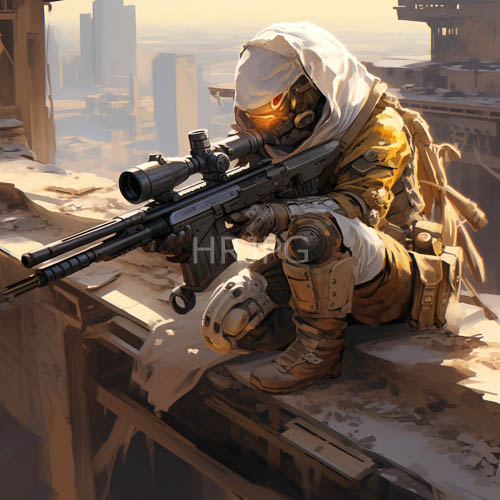 ruined skyscrapers cast shadows on a snipers battlescarred visor in urban wasteland haze