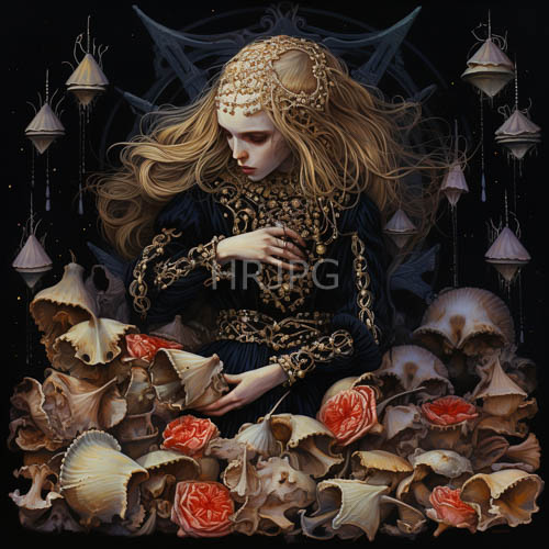 dark geometric background with pale goddess and red roses among seashells