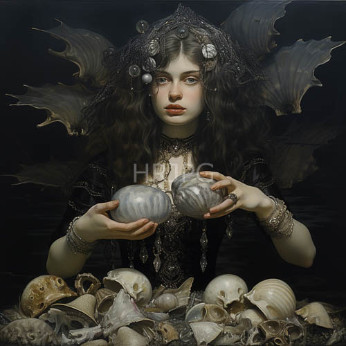 High Resolution: Ancient Tides Echoing Celestial Oceanic Portraits Amidst Pale Skin and Dark Wavy Hair download. | HRJPG.com