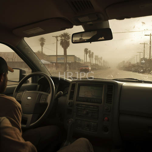 misty street silhouettes framed by palm trees at dusk in rear view