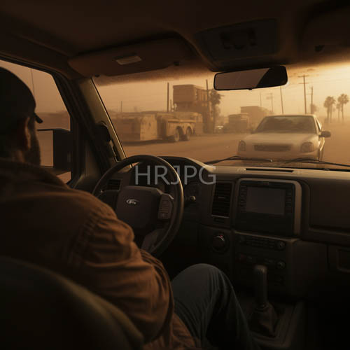 bearded men in brown jackets sit behind steering wheels at industrial sunset
