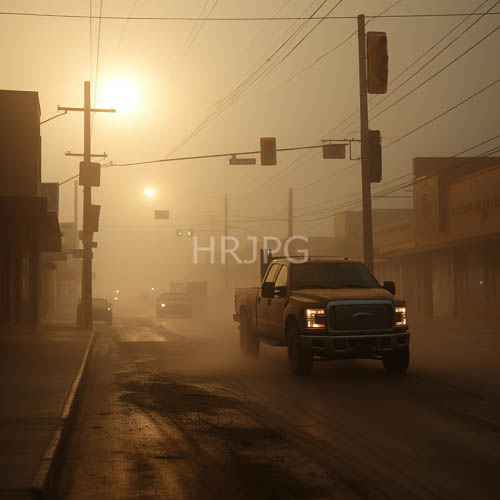sunrise glow illuminates dense fog on urban street with silhouetted vehicles