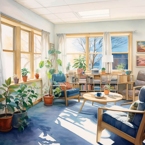 High Resolution: Sunlit wooden furniture accentuated by blue cushions in a cozy modern living room setting download. | HRJPG.com