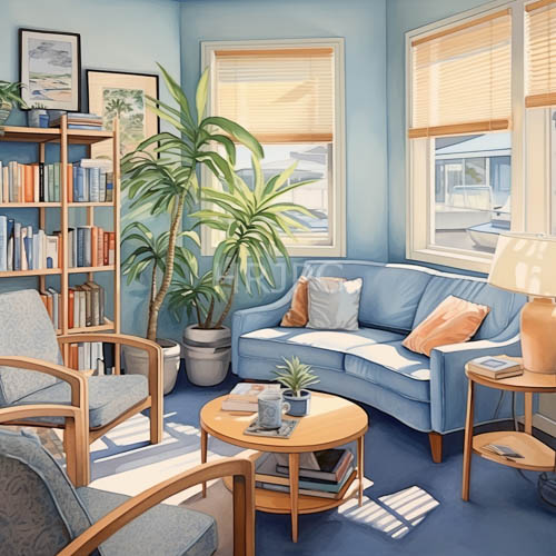 digitally rendered living room with muted beige blinds and contrasting wood furniture