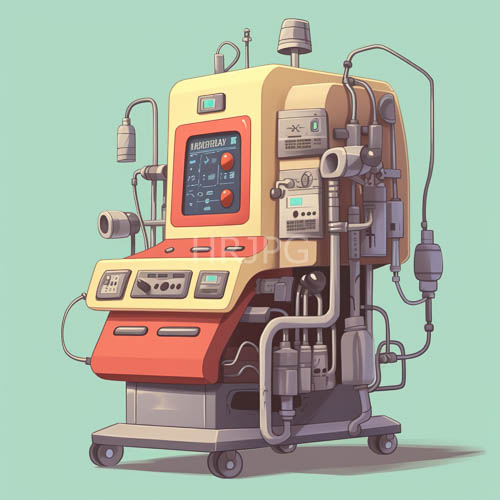 industrial machinery silhouette amidst mint green vintage paneling with polished dials and red accents