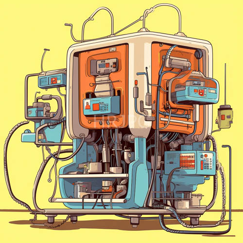futuristic machine dominated by vibrant orange and yellow control panels amidst modular components