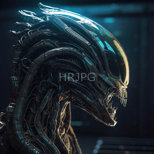 High Resolution: Alien Creature Profile View with Intricate Metallic and Bioluminescent Features in Dim Blue Environment download. | HRJPG.com