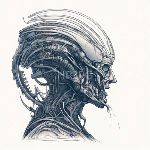 mechanical fusion of alien head with exposed gears and textured skin in profile view