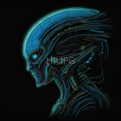 High Resolution: Alien Skull Aesthetic Dominates Profile with Intricate Mechanical Textures and CyanBlue Light download. | HRJPG.com