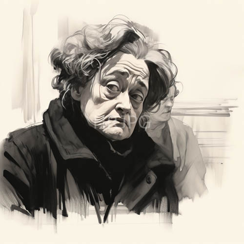 weathered visage of an elderly woman captured in striking monochromatic drawing