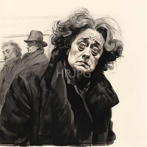 weathered faces of elderly men in monochromatic drawings against dark clothing