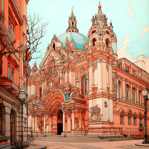 High Resolution: Baroque church façade with intricate carvings and arched windows under flickering morning light download. | HRJPG.com
