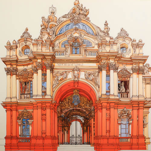 baroque facade with swirling motifs and ornate carvings in crimson and aureate