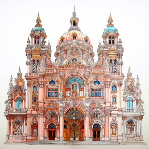 baroque architecture drawing with ornate details and elaborate carvings in pink orange blue gold silver