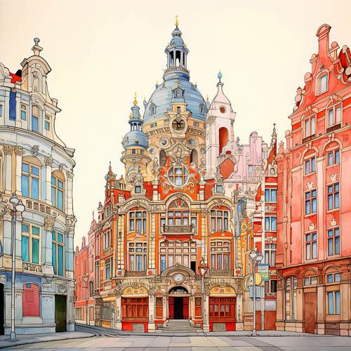 european architectural facades in fiery reds and cerulean blues on pristine white stone
