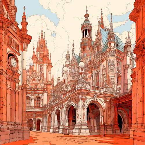medieval palace amidst redhued stone walls under brooding cloudy skies with arched doorways and intricate spire lacework