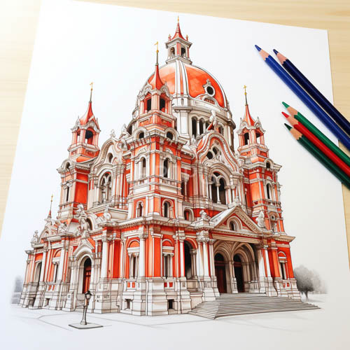 High Resolution: Baroque Cathedral Rendering with Ornate Details and Precise Line Work in a Pencil Study download. | HRJPG.com