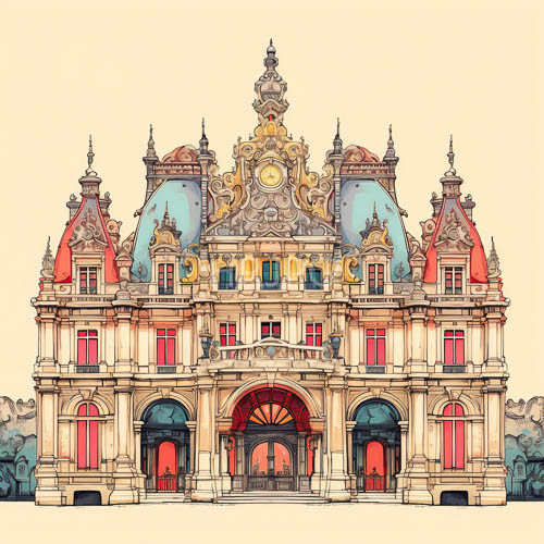 baroque fa ade with ornate accents and pastel rooftops in subtle hues and deep shadows