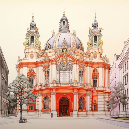 baroque church domes emblazoned with intricate gold and red detailing amidst mature trees