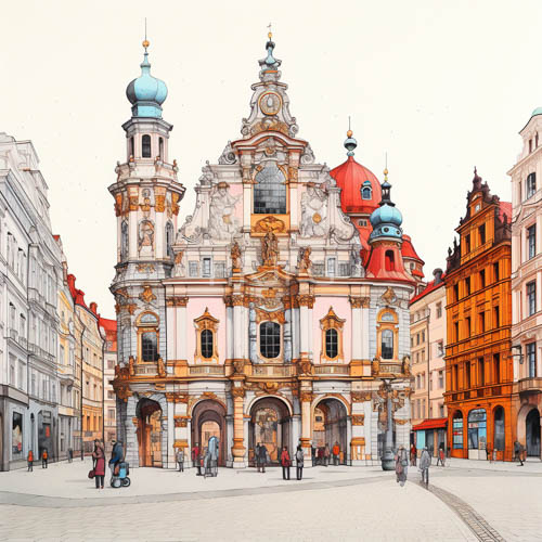 baroque church domes in pastel hues atop red roofed buildings in european city square