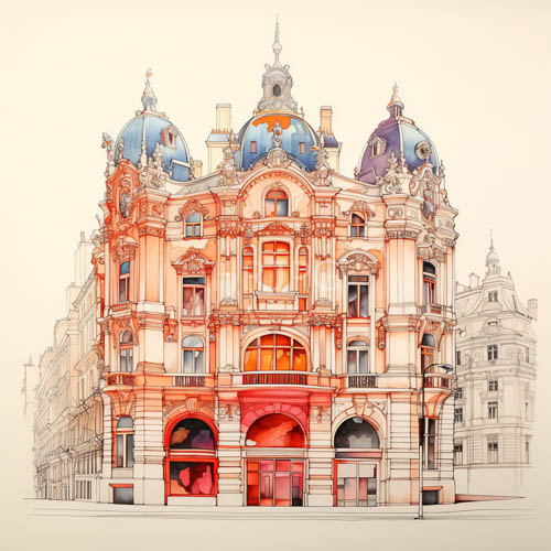 intricate colored architectural drawing of european building facade with ornate domes