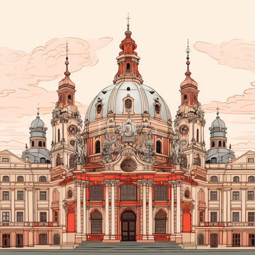 beigestone church under cloudy pink sky with redaccented windows and ornate carvings