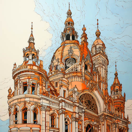 baroque cathedral architecture orangebrown hues vaulted domes soaring towers