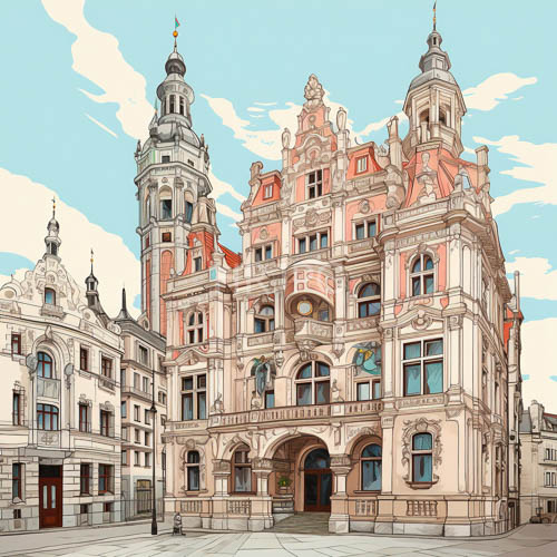 majestic european architecture with intricate carvings and arched windows under clear blue sky