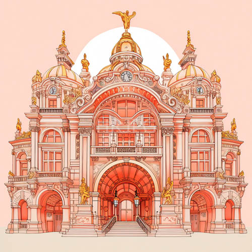 baroque architecture blended with pastel and metallic hues on ornate building facade