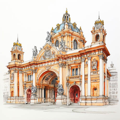 baroquestyle architecture majestically rendered in colored pencil drawing with ornate towers
