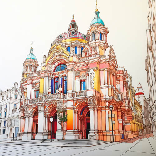 baroque architecture unfolds in intricately detailed drawing with ornate metalwork and gilded reliefs