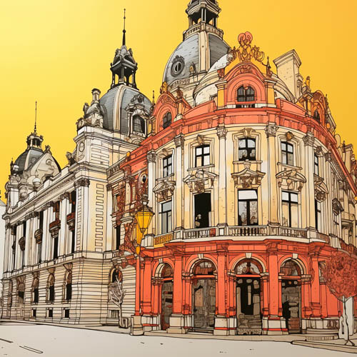 ornate baroque facades adorned with detailed carvings in lavish drawings of european historic buildings