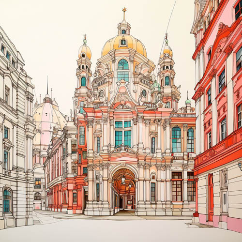 baroquestyle architecture crowned with pinkish accents and ornate details in luxurious drawing