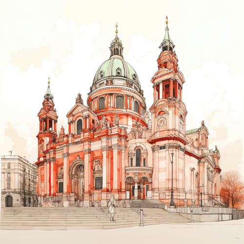 stmichaelis church hamburg facade ornate carvings framing arched windows under radiant sky