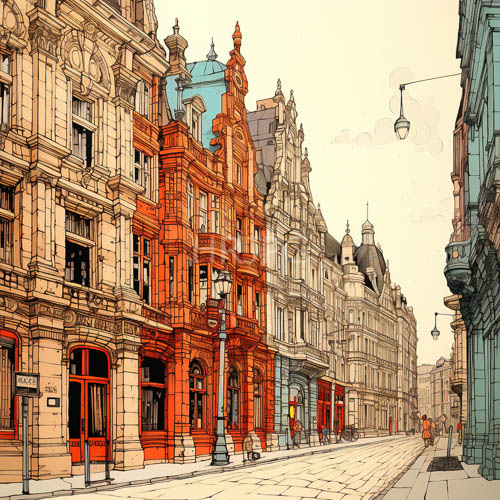 europeaninspired cobblestone street with vibrant red building accents and ornate facades