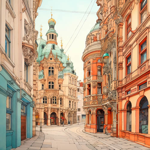 metallic spires atop ornate domes contrast with pastelhued surrounding structures in a narrow european street
