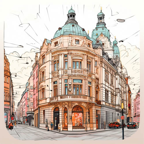 european street corner architecture with ornate carvings and arched windows in beige