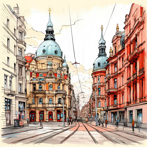 european city street with copper roofing and bustling pedestrians