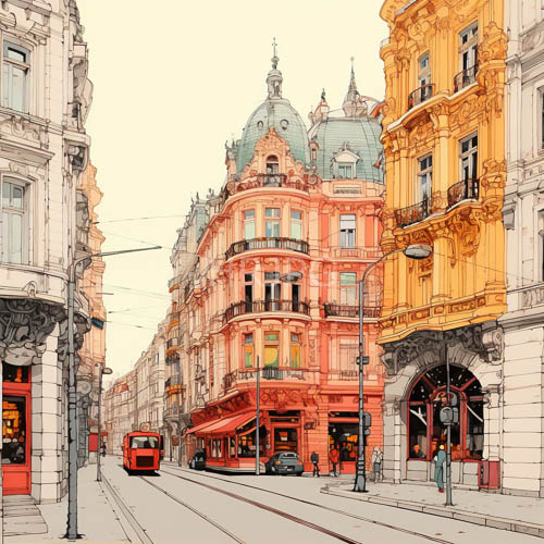 High Resolution: European Cobblestone Street Architecture Unfolds Under Morning Light and Delicate Ironwork download. | HRJPG.com