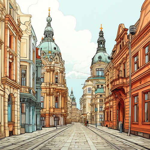 domed copper structures against clear blue sky with ornate pastel facades