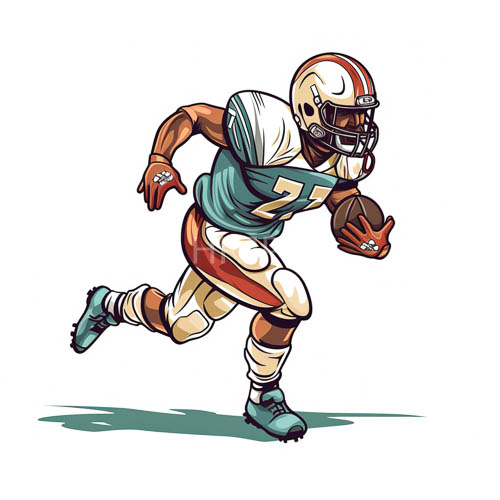 africanamerican football player in midsprint with teal and white uniform and red accents on field