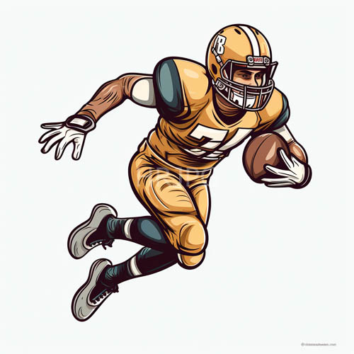 american football player in motion on crisp white background with teal and yellow uniform