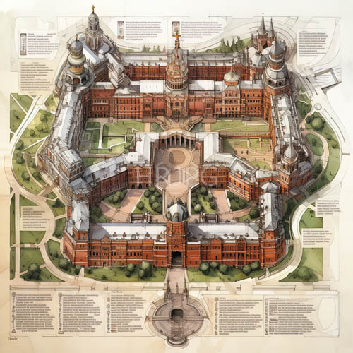 intricate architectural drawing showcases symmetrical redbrick facades with precise ink lines and watercolor washes capturing grand palace complex from aerial perspective