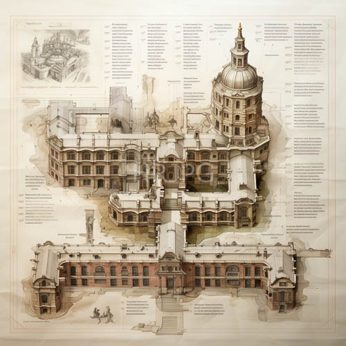 ink outlines intertwine with watercolor washes in a threepanel rendering of a monumental historical edifice