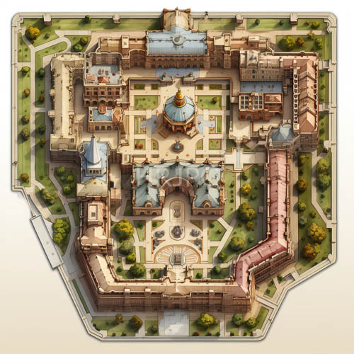 historical palace complexes amidst lush green gardens and winding brick pathways under dappled sunlight