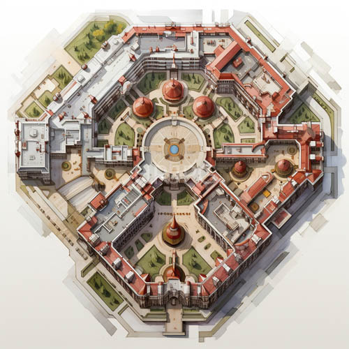 High Resolution: Octagonal Palace Architecture Red Domes Surrounding Symmetrical Courtyards Radiant Greenery download. | HRJPG.com